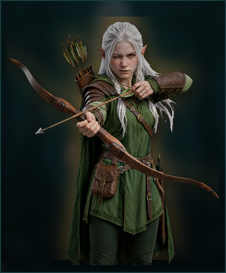 The archer: white-haired elf ranger in a green tunic, drawing a longbow.