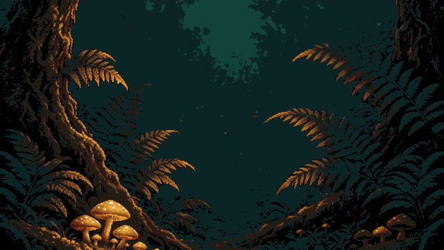 The Fern Edge: a dark forest clearing ringed with ferns, lit mushrooms and torchlight.