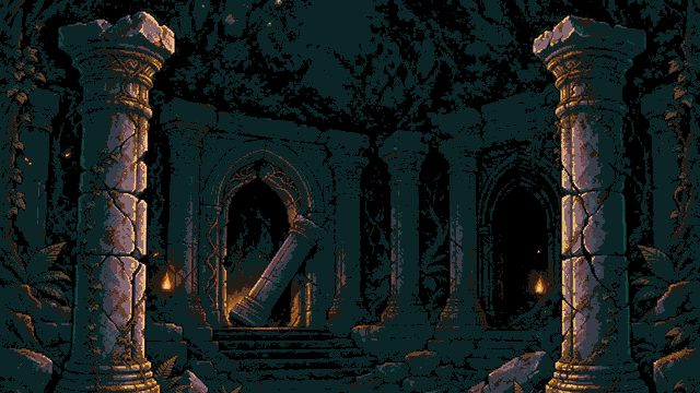 Overgrown Ruins: cracked columns and a broken arch lit by two torches.
