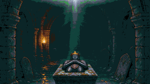 The Misty Crypt: a flooded stone tomb with a crowned stone effigy and a lamp on the wall.