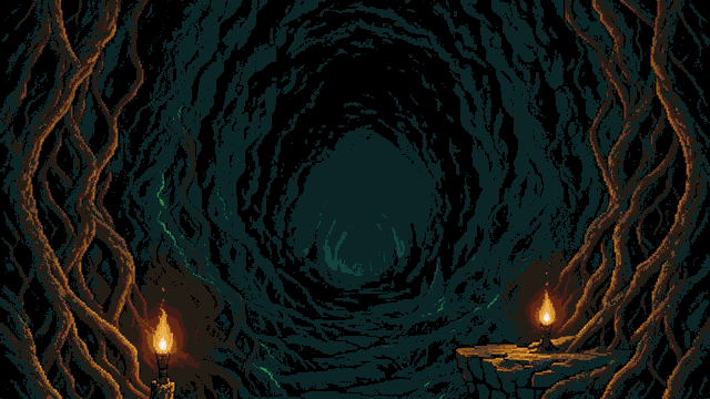 The Deep Hollow: a tunnel of black roots spiralling inward, with two torches on the floor.