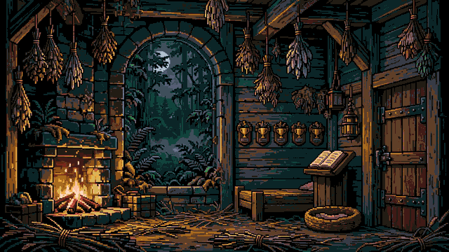 The Tavern: a moonlit forest room with a stone hearth, trophy plaques, a lectern with an open book, a woven basket and a heavy door.