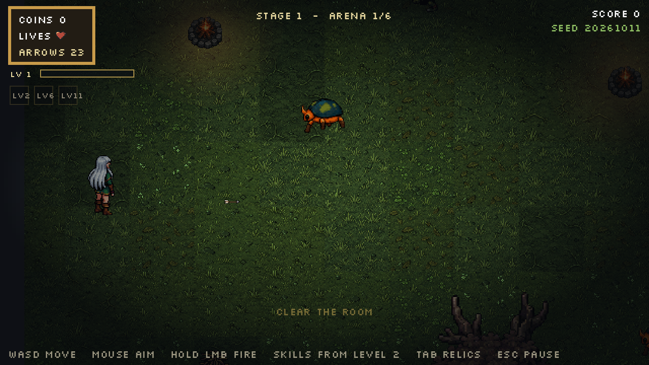 A live Fernwild arena with the archer, enemies, relic HUD, skill chips, experience bar and the room counter.