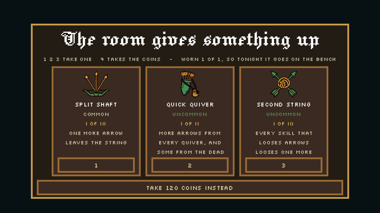 A relic draft offering Split Shaft, Quick Quiver and Second String, with the option to take coins instead.