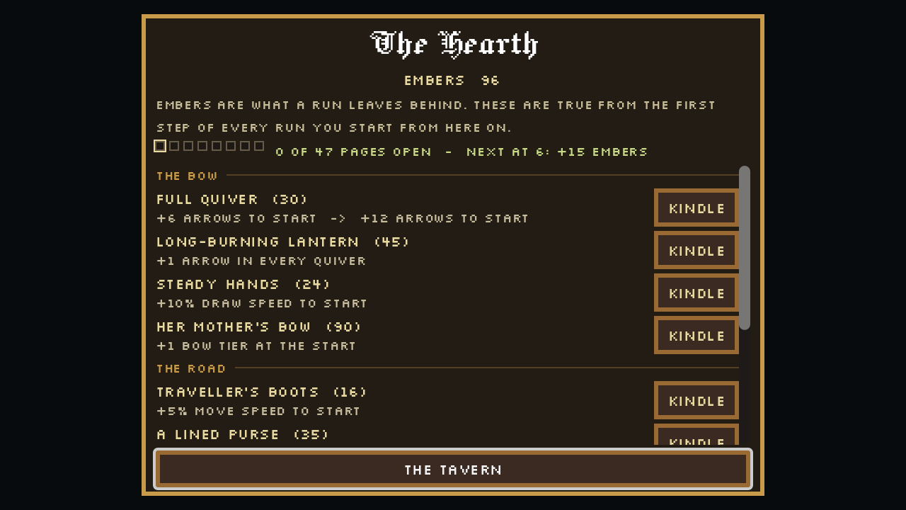 The Hearth upgrade shelf showing permanent improvements, ember prices and the Encyclopedia milestone track.