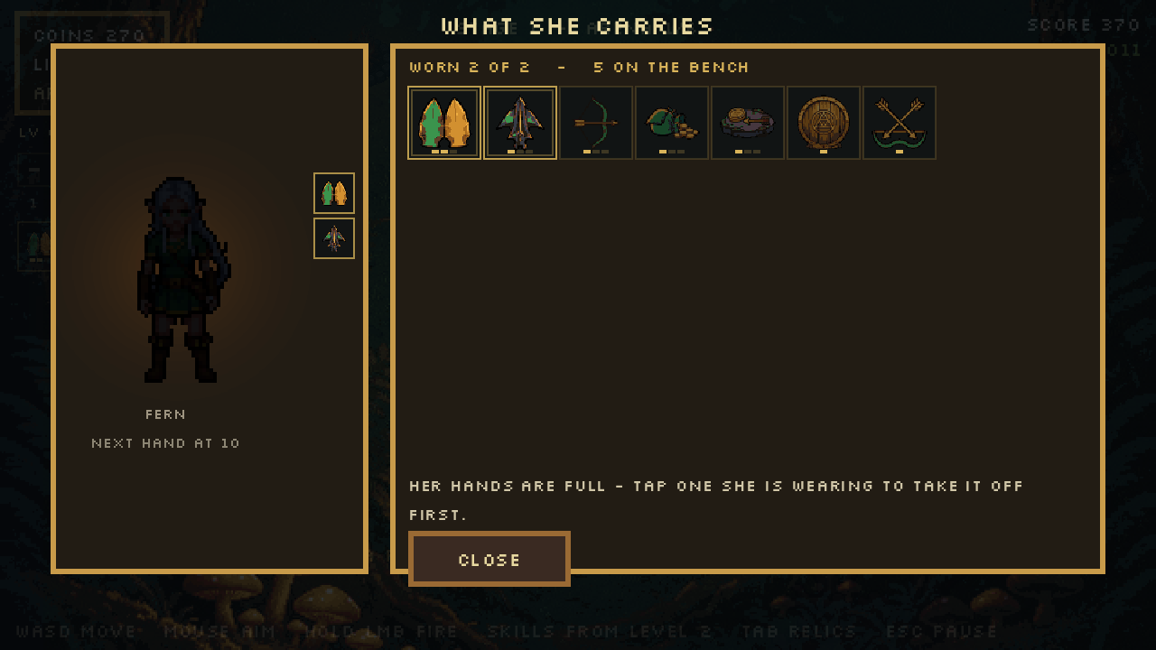The relic loadout screen showing Fern’s worn relics, the relics on her bench and the next level that opens another hand.