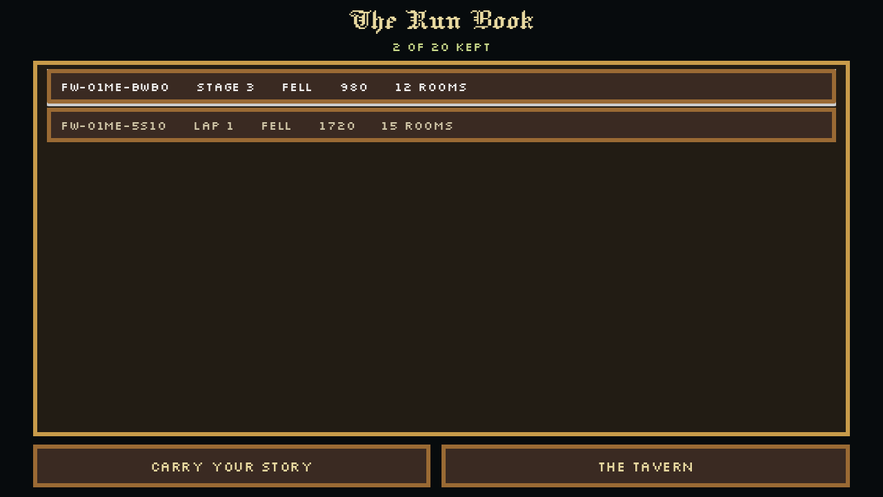 The Run Book listing finished story and Long Hunt runs with seed codes, outcomes, scores and rooms.