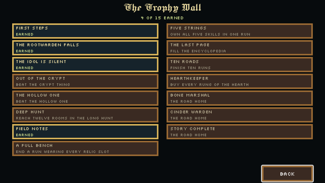 The Trophy Wall showing earned and locked plaques for bosses, the Long Hunt, the Encyclopedia and the Hearth.