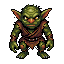 A green bog goblin with a leather harness and a blade.